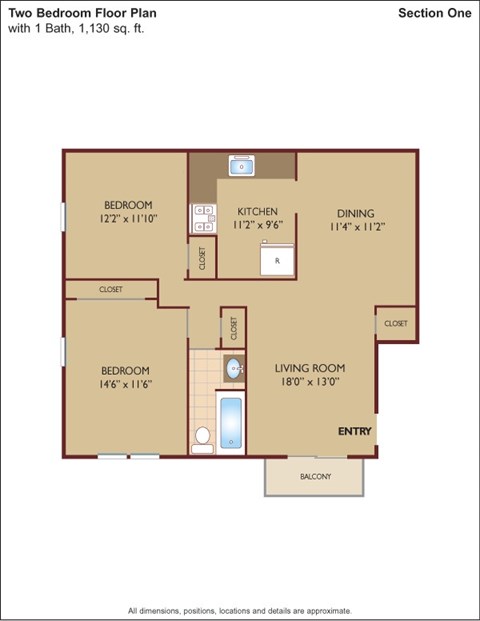 Floor plan for 2 beds, 1 bath, 1130 sqft